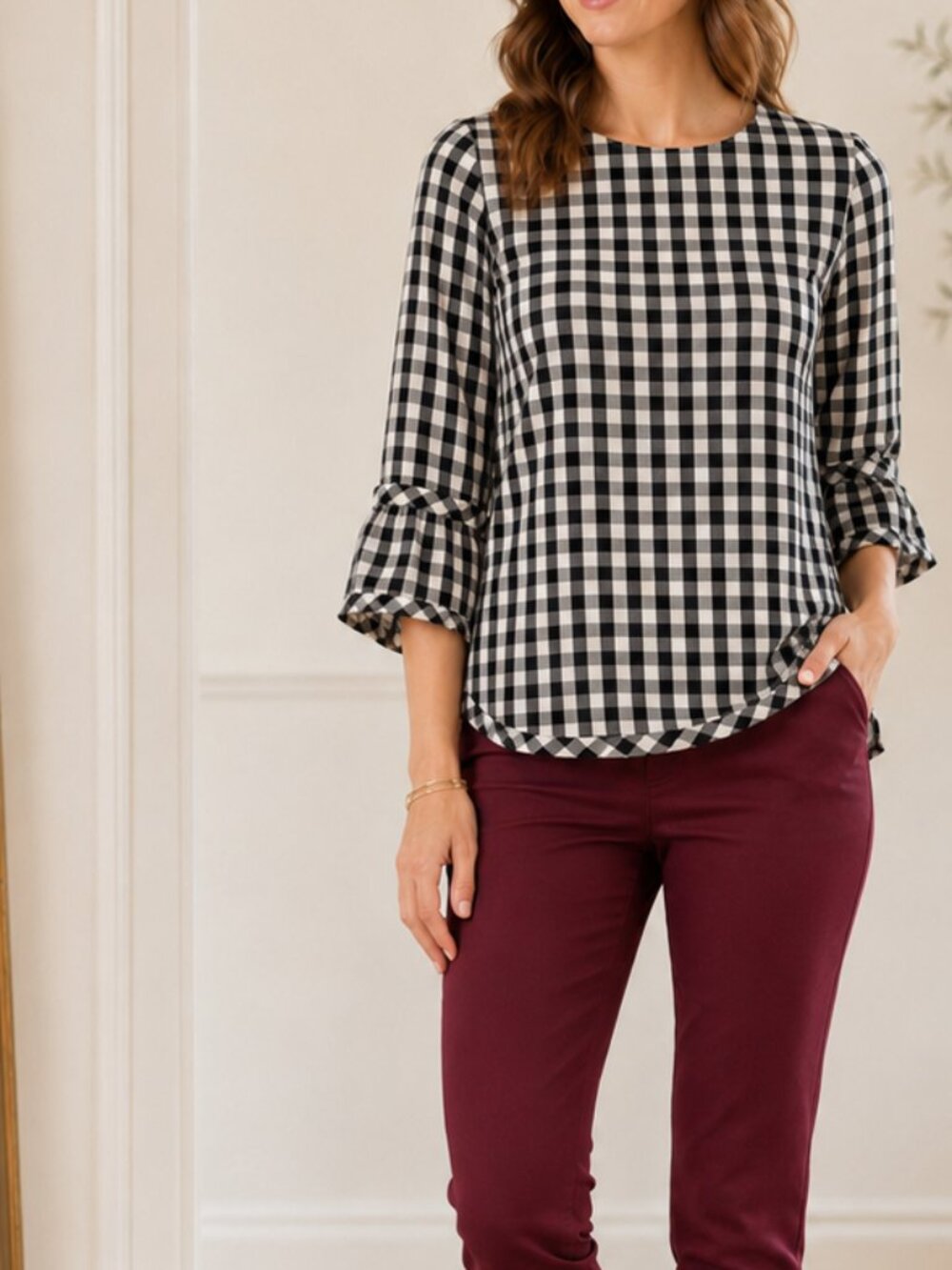 J.Jill Black and White Gingham Blouse, Ruffle Sleeves, Sz Medium, Cottagecore